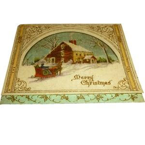 Vintage Merry Christmas Card Horse Drawn Sleigh Winter Scene Made‎ in USA 4x3.25